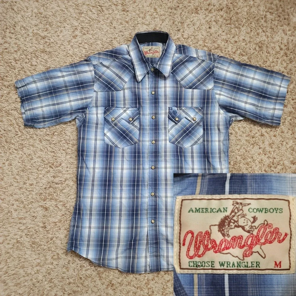 Wrangler Pearl Snap Blue Plaid American Cowboys Mens M Short Sleeve‎ Western